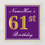 [ Thumbnail: Elegant, Purple, Faux Gold 61st Birthday + Name Invitation ]