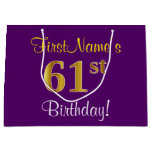 [ Thumbnail: Elegant, Purple, Faux Gold 61st Birthday + Name Gift Bag ]