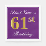 [ Thumbnail: Elegant Purple, Faux Gold 61st Birthday + Name Napkins ]