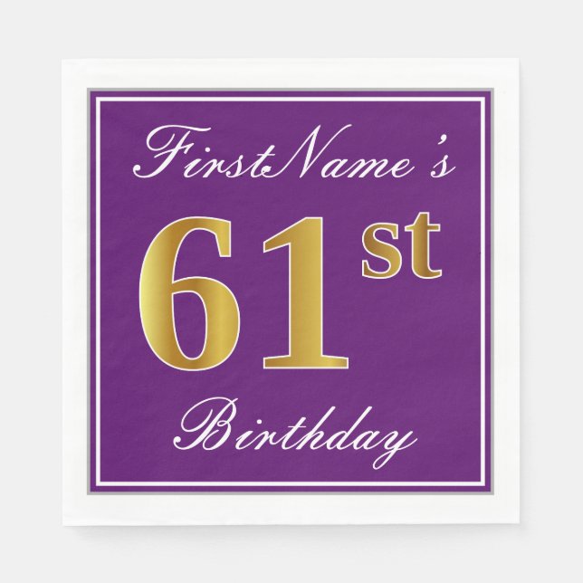 Elegant Purple, Faux Gold 61st Birthday + Name Napkins (Front)