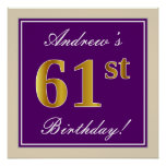 [ Thumbnail: Elegant, Purple, Faux Gold 61st Birthday + Name Poster ]