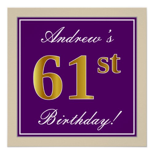 Elegant Purple Faux Gold 61st Birthday  Name Poster