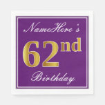 [ Thumbnail: Elegant Purple, Faux Gold 62nd Birthday + Name Napkins ]