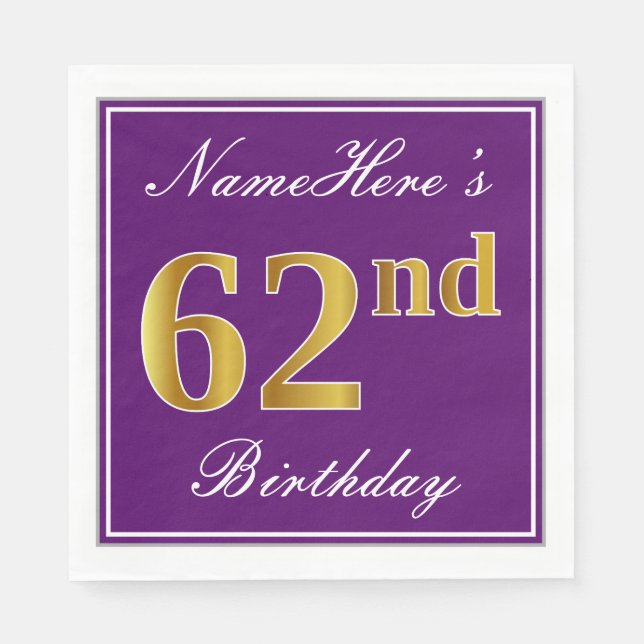 Elegant Purple, Faux Gold 62nd Birthday + Name Napkins (Front)