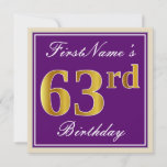 [ Thumbnail: Elegant, Purple, Faux Gold 63rd Birthday + Name Invitation ]