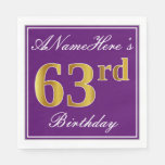 [ Thumbnail: Elegant Purple, Faux Gold 63rd Birthday + Name Napkins ]