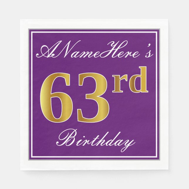 Elegant Purple, Faux Gold 63rd Birthday + Name Napkins (Front)