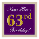 [ Thumbnail: Elegant, Purple, Faux Gold 63rd Birthday + Name Poster ]