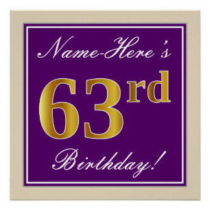 Elegant, Purple, Faux Gold 63rd Birthday + Name Poster
