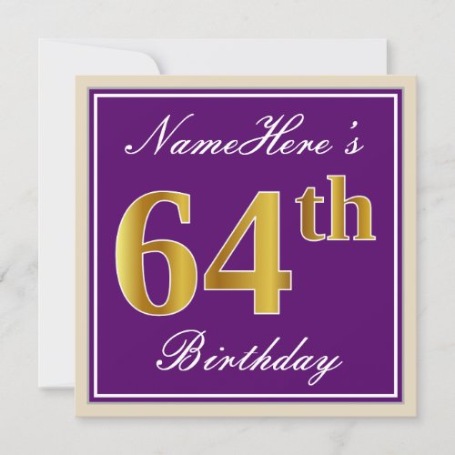 Elegant Purple Faux Gold 64th Birthday  Name Invitation