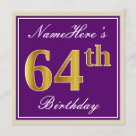 [ Thumbnail: Elegant, Purple, Faux Gold 64th Birthday + Name Invitation ]