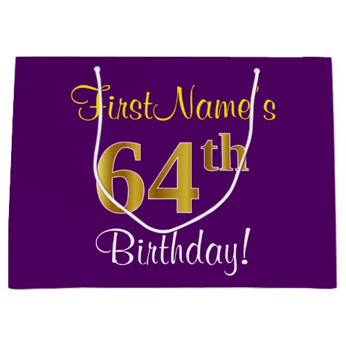 Elegant Purple Faux Gold 64th Birthday  Name Large Gift Bag