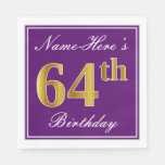 [ Thumbnail: Elegant Purple, Faux Gold 64th Birthday + Name Napkins ]