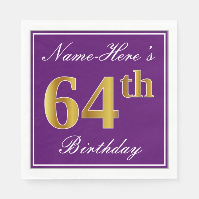 Elegant Purple, Faux Gold 64th Birthday + Name Napkins (Front)