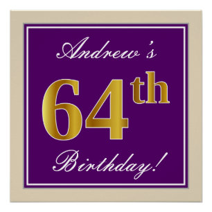 Elegant, Purple, Faux Gold 64th Birthday + Name Poster