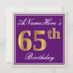 [ Thumbnail: Elegant, Purple, Faux Gold 65th Birthday + Name Invitation ]