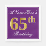 [ Thumbnail: Elegant Purple, Faux Gold 65th Birthday + Name Napkins ]