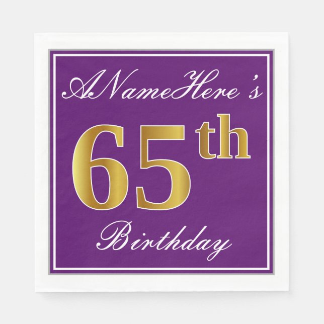 Elegant Purple, Faux Gold 65th Birthday + Name Napkins (Front)