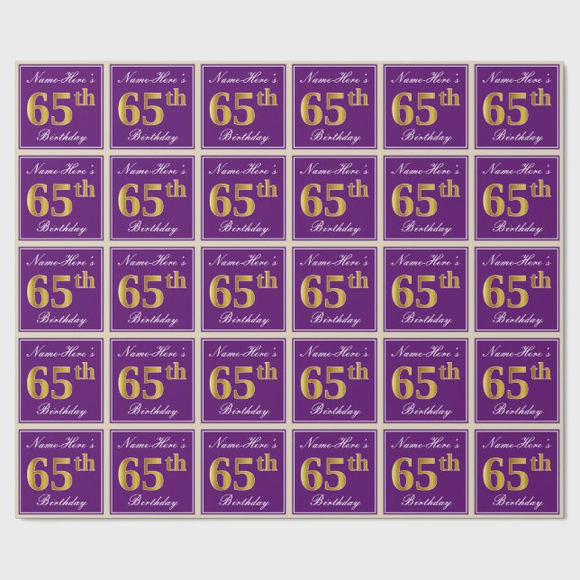 Elegant, Purple, Faux Gold 65th Birthday + Name Wrapping Paper (Flat)