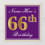 [ Thumbnail: Elegant, Purple, Faux Gold 66th Birthday + Name Invitation ]