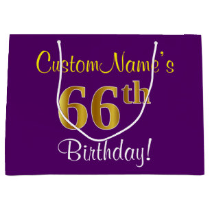 Elegant, Purple, Faux Gold 66th Birthday + Name Large Gift Bag