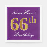[ Thumbnail: Elegant Purple, Faux Gold 66th Birthday + Name Napkins ]