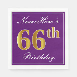 Elegant Purple, Faux Gold 66th Birthday + Name Napkins
