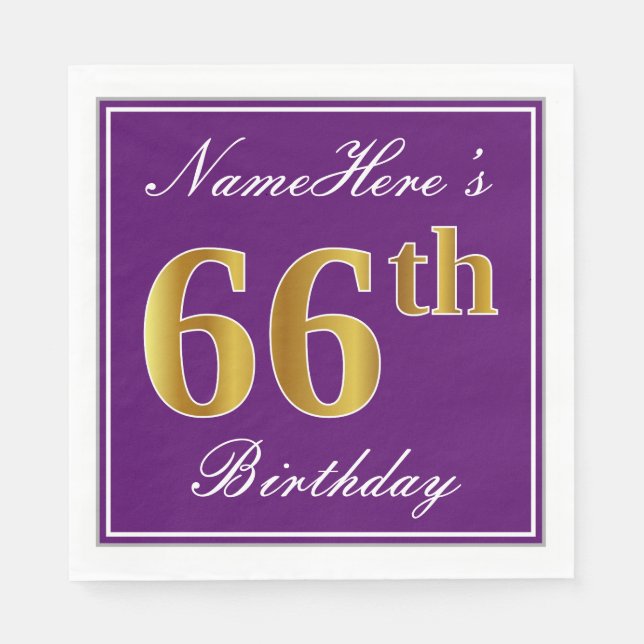 Elegant Purple, Faux Gold 66th Birthday + Name Napkins (Front)