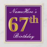[ Thumbnail: Elegant, Purple, Faux Gold 67th Birthday + Name Invitation ]