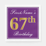 [ Thumbnail: Elegant Purple, Faux Gold 67th Birthday + Name Napkins ]