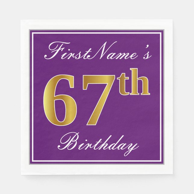 Elegant Purple, Faux Gold 67th Birthday + Name Paper Napkins (Front)