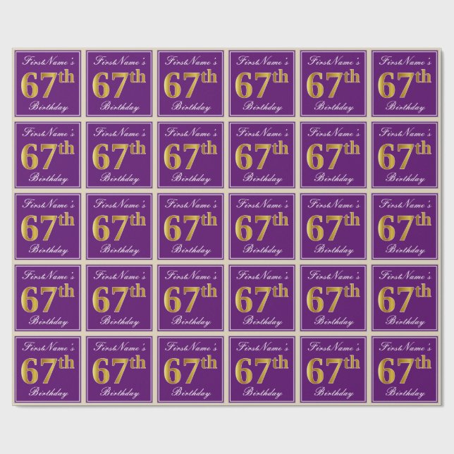 Elegant, Purple, Faux Gold 67th Birthday + Name Wrapping Paper (Flat)
