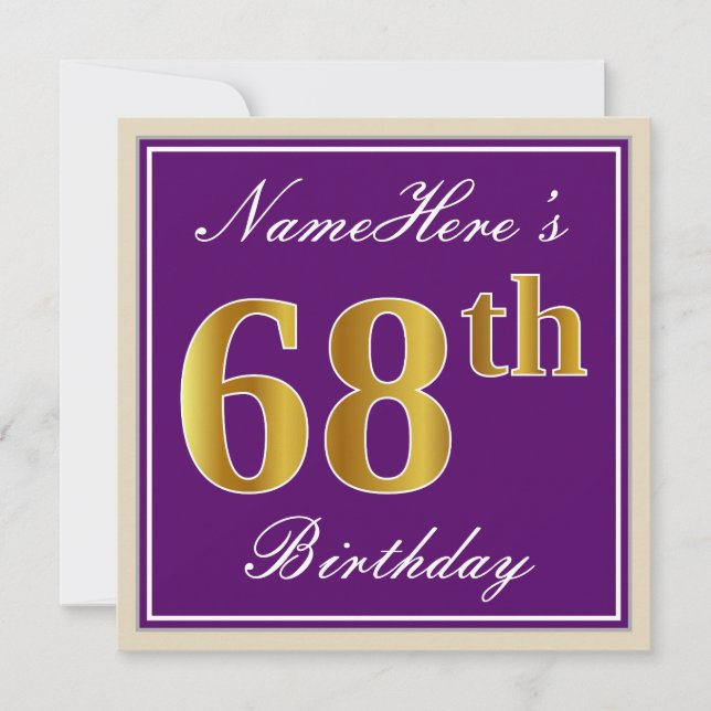 Elegant, Purple, Faux Gold 68th Birthday + Name Invitation (Front)