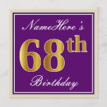 [ Thumbnail: Elegant, Purple, Faux Gold 68th Birthday + Name Invitation ]