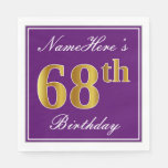 [ Thumbnail: Elegant Purple, Faux Gold 68th Birthday + Name Napkins ]