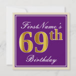 [ Thumbnail: Elegant, Purple, Faux Gold 69th Birthday + Name Invitation ]