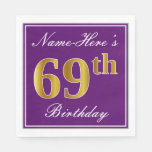 [ Thumbnail: Elegant Purple, Faux Gold 69th Birthday + Name Napkins ]