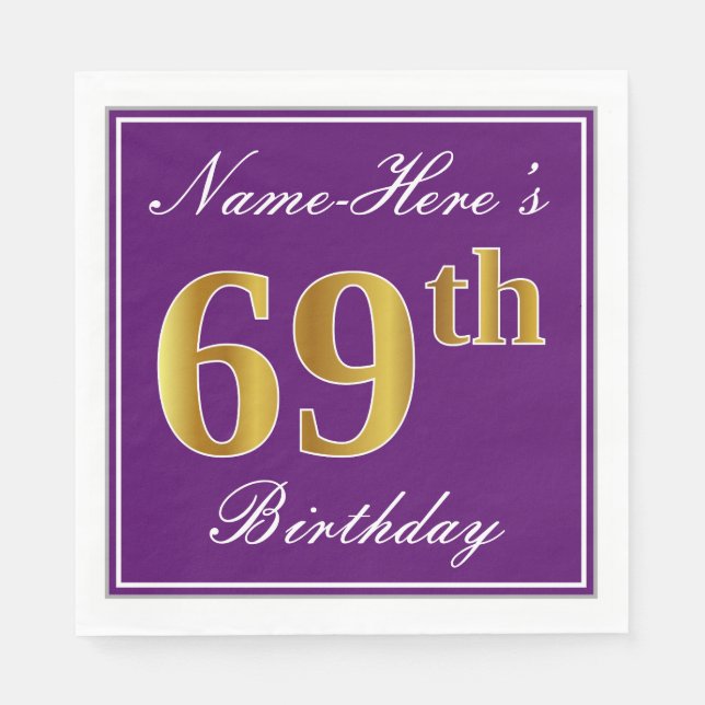 Elegant Purple, Faux Gold 69th Birthday + Name Paper Napkins (Front)