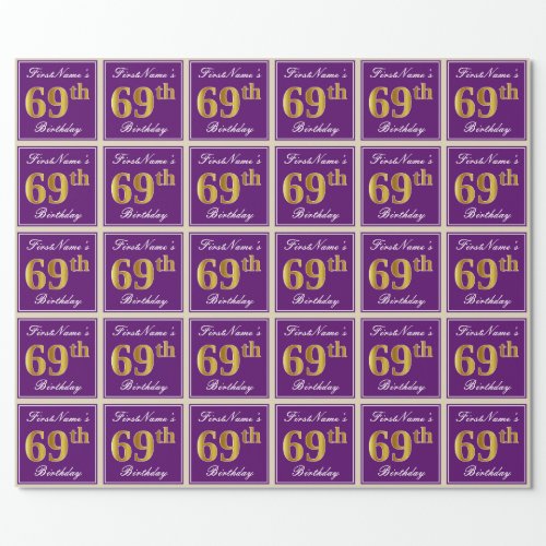 Elegant Purple Faux Gold 69th Birthday  Name Wrapping Paper