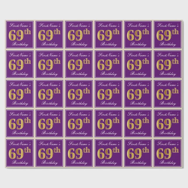 Elegant, Purple, Faux Gold 69th Birthday + Name Wrapping Paper (Flat)