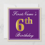 [ Thumbnail: Elegant, Purple, Faux Gold 6th Birthday + Name Invitation ]