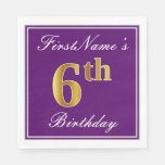 [ Thumbnail: Elegant Purple, Faux Gold 6th Birthday + Name Paper Napkin ]