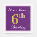 [ Thumbnail: Elegant Purple, Faux Gold 6th Birthday + Name Napkins ]