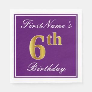 Elegant Purple, Faux Gold 6th Birthday + Name Paper Napkins