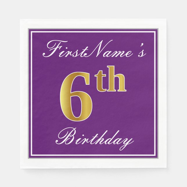 Elegant Purple, Faux Gold 6th Birthday + Name Paper Napkins (Front)