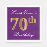 [ Thumbnail: Elegant Purple, Faux Gold 70th Birthday + Name Napkins ]