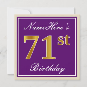 Elegant, Purple, Faux Gold 71st Birthday + Name Invitation