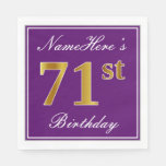 [ Thumbnail: Elegant Purple, Faux Gold 71st Birthday + Name Napkins ]