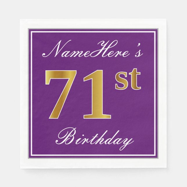 Elegant Purple, Faux Gold 71st Birthday + Name Napkins (Front)