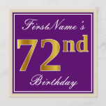 [ Thumbnail: Elegant, Purple, Faux Gold 72nd Birthday + Name Invitation ]